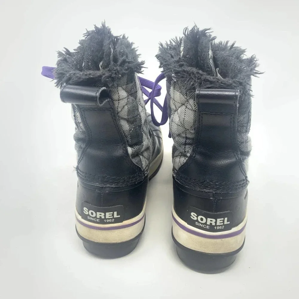 Sorel Tivoli II Leather Plaid Lace-Up Snow Boots‎ Black Gray Purple Size US 5